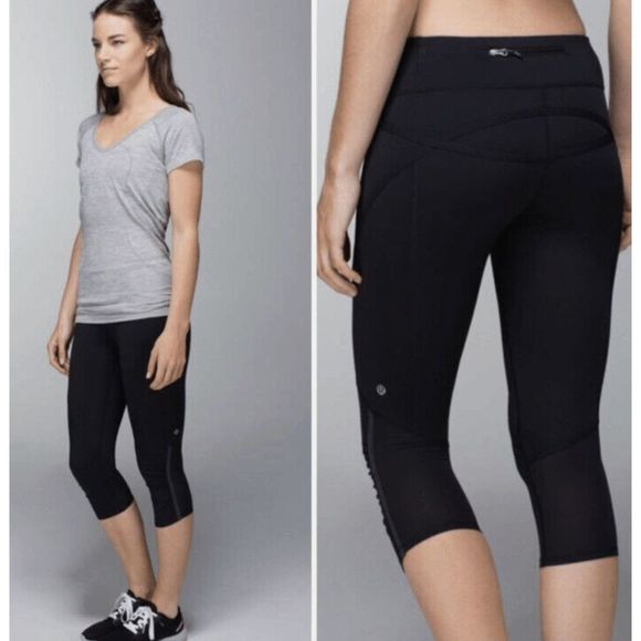 Lululemon Athletica Run Pace Crop Ruched Black Leggings Athletic, Size 4 - Picture 1 of 7